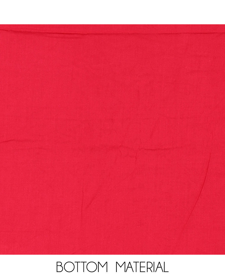 Tomato Pink Material Chudidar Set Adorned with Phulkari-Style Floral Embroidery and Floral Print Rayon Top, Subtly Made Plain Rayon Bottom, and a Chiffon Georgette Dupatta of Floral Theme Designs