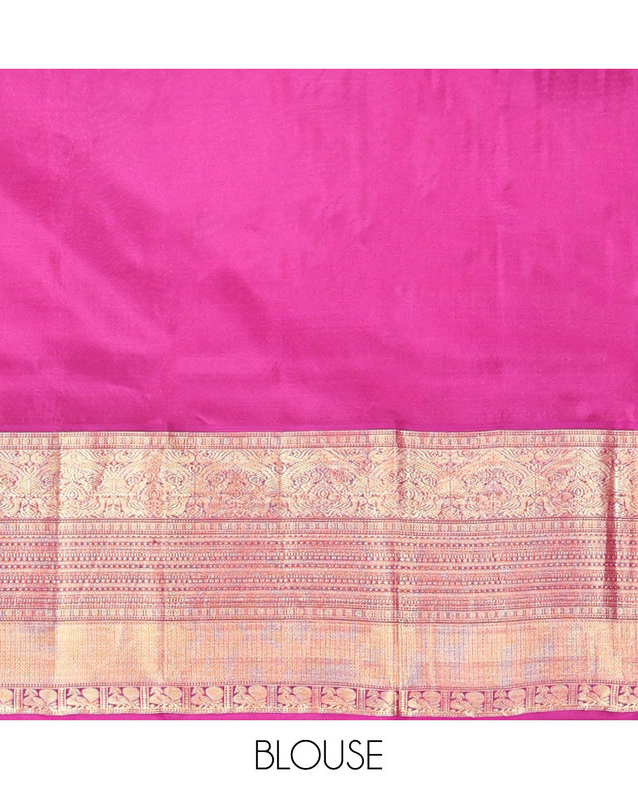 Yellow Vasundhara Silk Saree, Sparsely Sparkled with Zari Buttas and Checks, Complemented by a Contrast Border of Lavangam, Muthu, Kathir, Neli, and Mayil, Jaal Pallu, and a Contrast Blouse