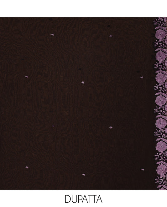 Black and Lavender Material Chudidhar Set, Elevated with Floral Thread Embroidered Fox Georgette Top, Plain Santoon Bottom, and Fox Georgette Scallop Dupatta with Floral Thread Embroidery