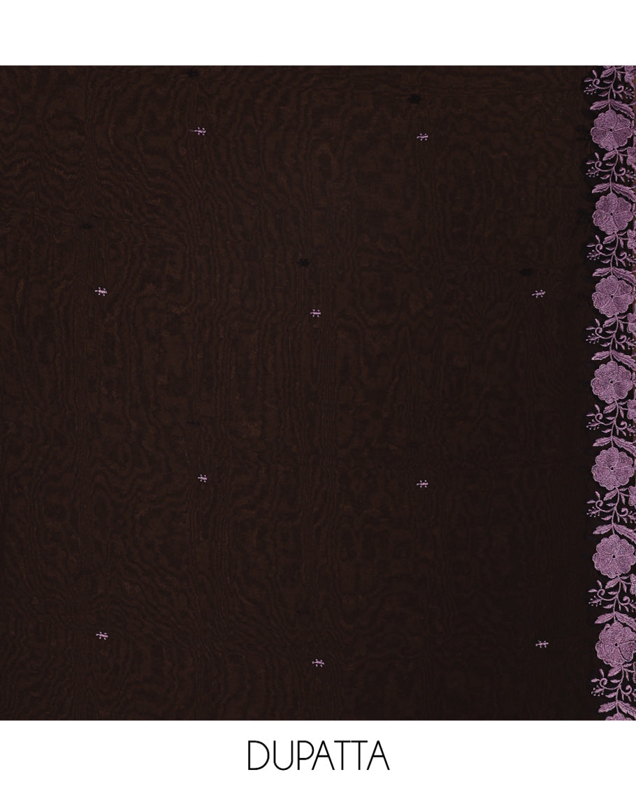 Black and Lavender Material Chudidhar Set, Elevated with Floral Thread Embroidered Fox Georgette Top, Plain Santoon Bottom, and Fox Georgette Scallop Dupatta with Floral Thread Embroidery