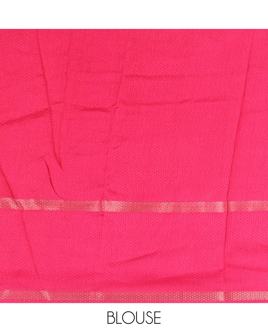 Orange embossed moss chiffon saree, contrast traditional rettai pettu border, embossed pallu, and a contrast embossed blouse