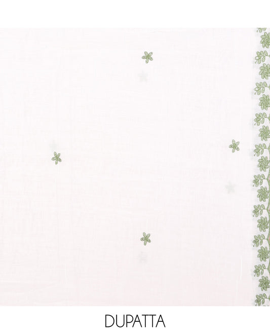 White-Leaf Green Mul Chanderi Material Churidar Features a Floral-Themed Thread-Embroidered Top, a Plain Santoon Bottom, and Thread Embroidered Dupatta