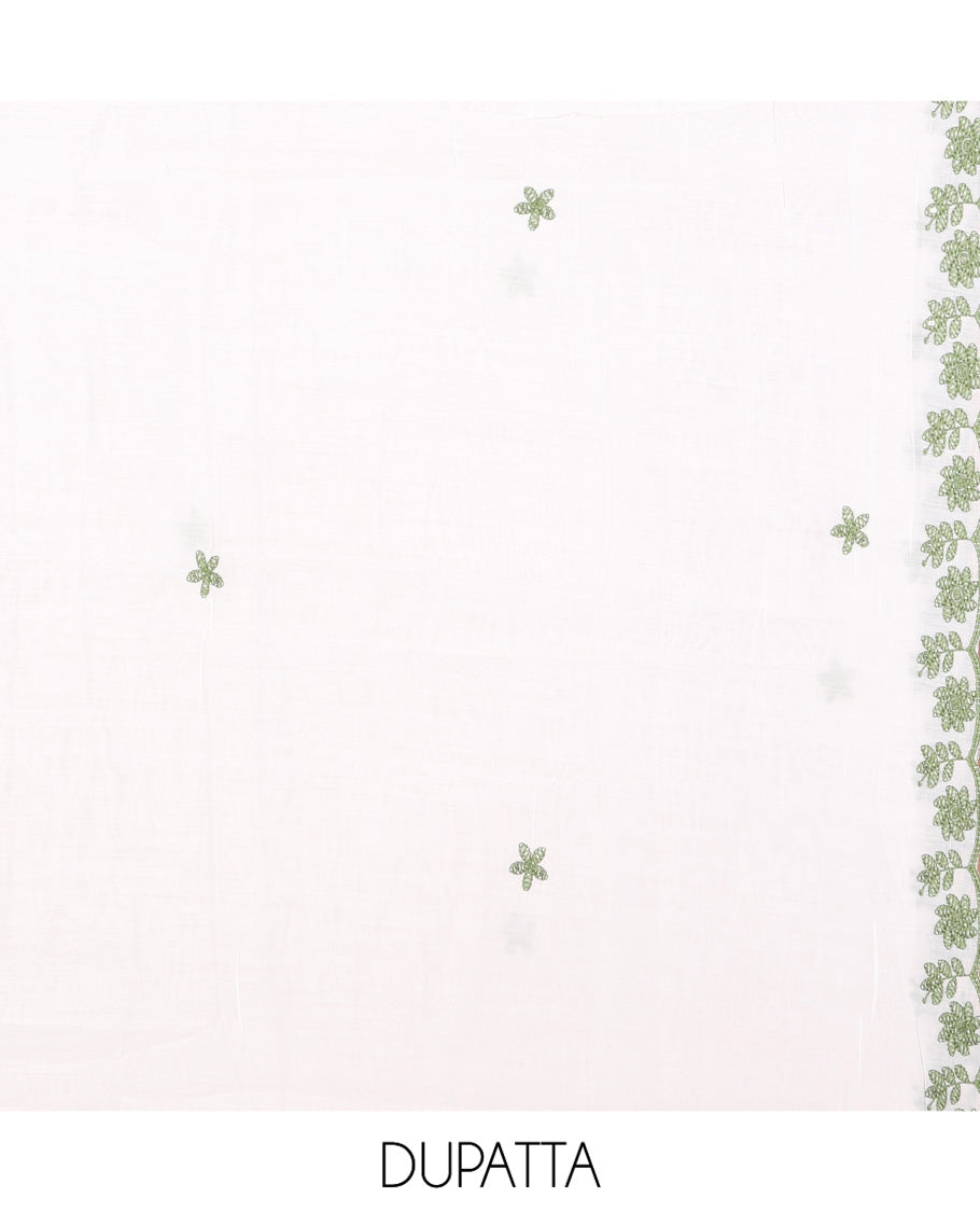 White-Leaf Green Mul Chanderi Material Churidar Features a Floral-Themed Thread-Embroidered Top, a Plain Santoon Bottom, and Thread Embroidered Dupatta