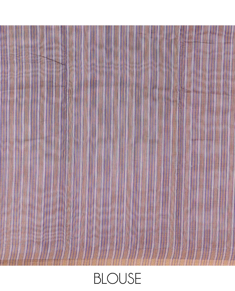 Gold small buttas printed Linen cotton saree, contrast double-sided temple border, striped pallu, and vertically striped blouse