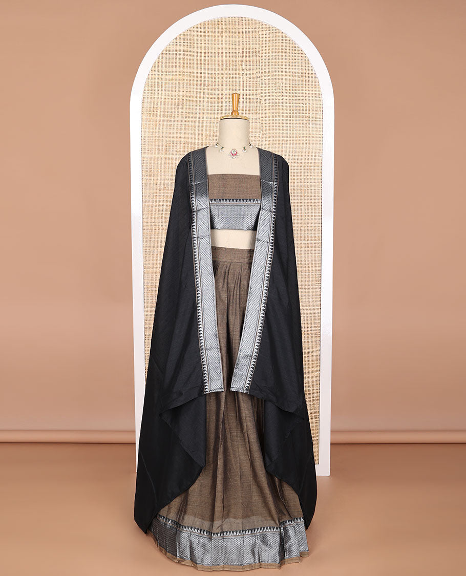 Brown cotton half saree with contrast checked, temple border , zari design blouse & checked, temple border dhavani