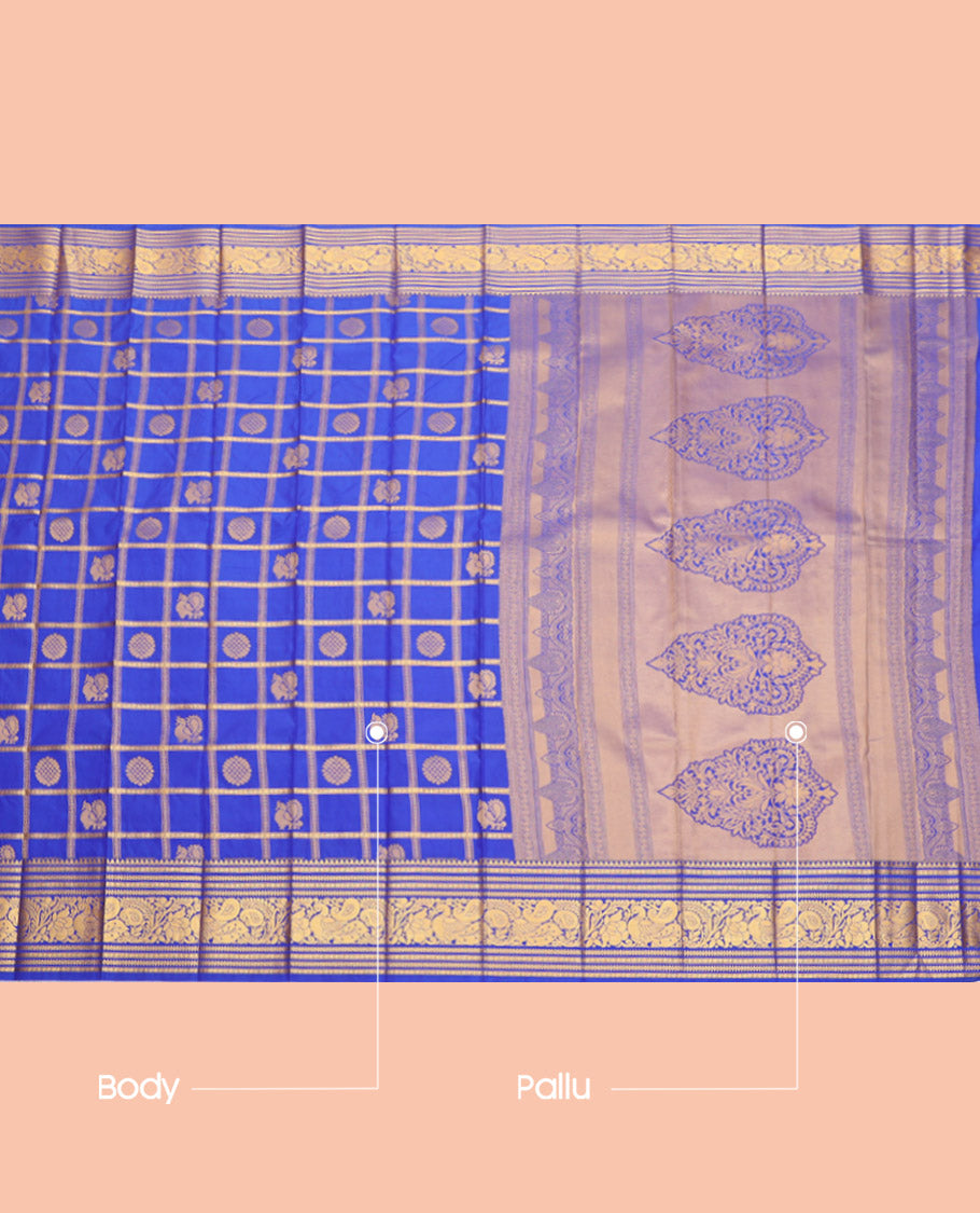 Ink Blue Budget Silk Saree, Peacock-Chakra Checks, a Traditional Border, Grand Pallu, Matching Blouse
