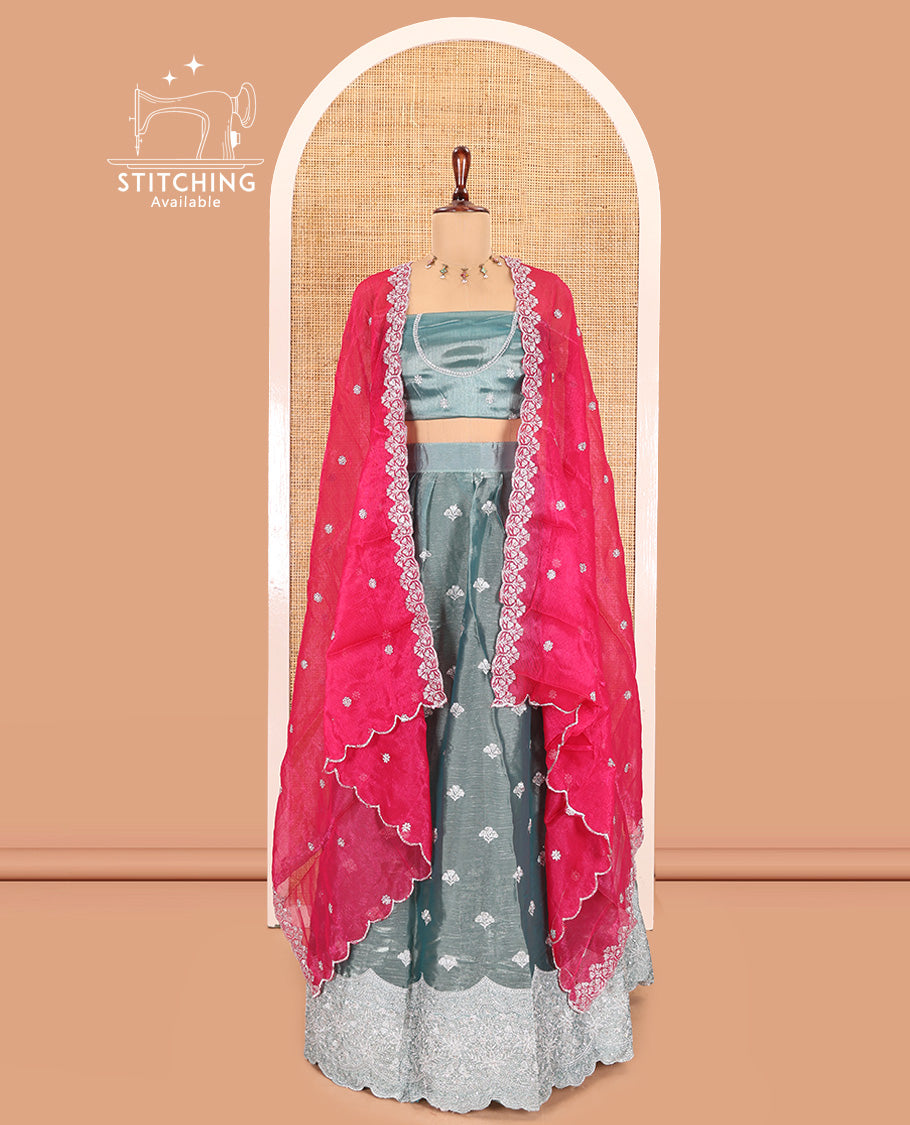 Light Dusky Green Velvet Organza Half-Saree