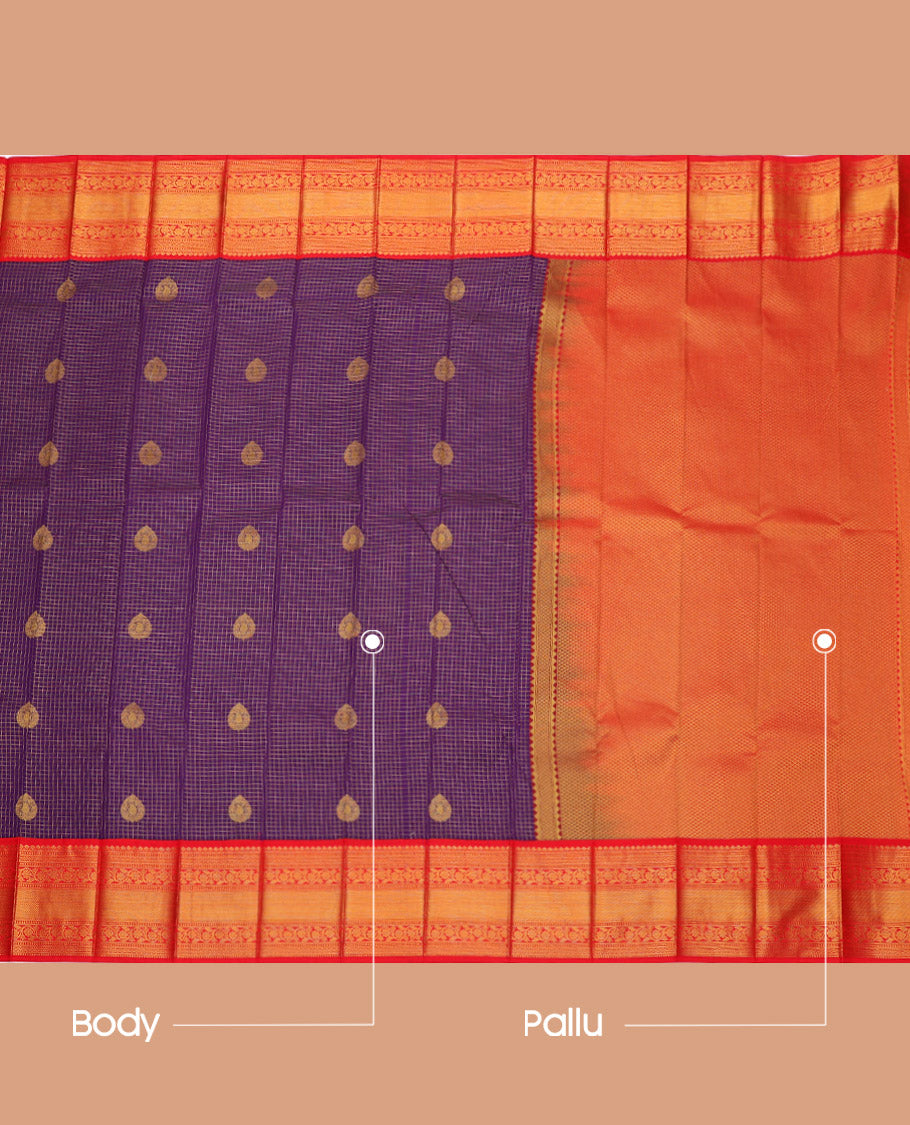 Violet Budget Silk Saree, Elevated with Zari Buttas and Checks, Complemented by a Contrast Traditional Zari Border, Grand Pallu, and Contrast Blouse