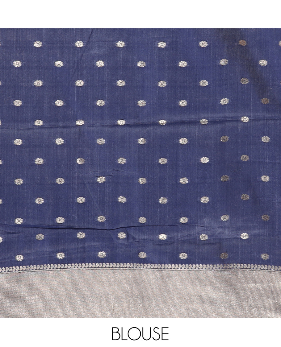 Off-White-Navy Semi-Silk Saree, Adorned with Floral Jacquard Design, a Zari Paisley Border, and a Contrast Blouse