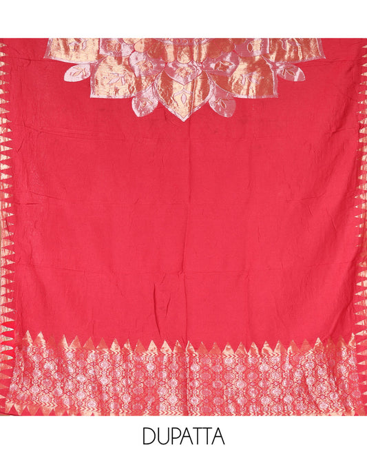 Red Semi-Silk Material Churidar Features Zari Buttas Skirt, a Plain Bottom, and a Floral Motif Zari Woven Dupatta