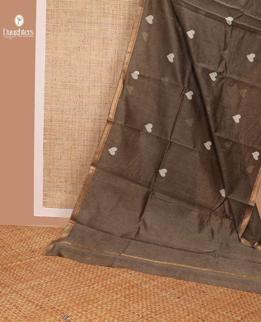 Grey heart motifs chanderi cotton saree with self zari border & striped zari pallu