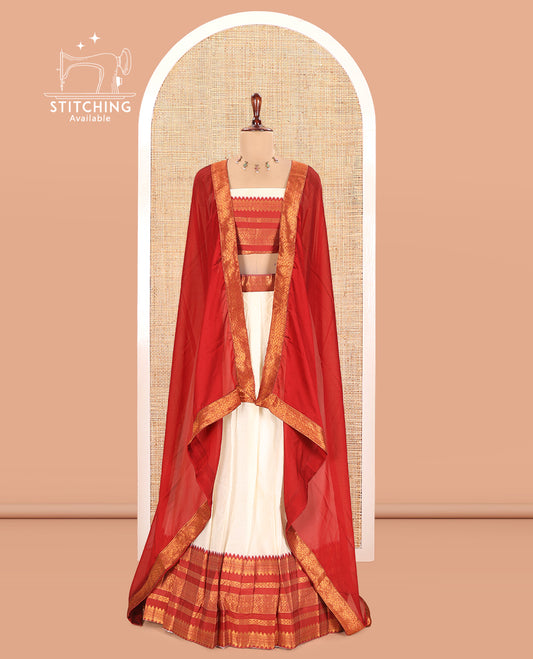 Cream-Red Semi-Silk Half-Saree