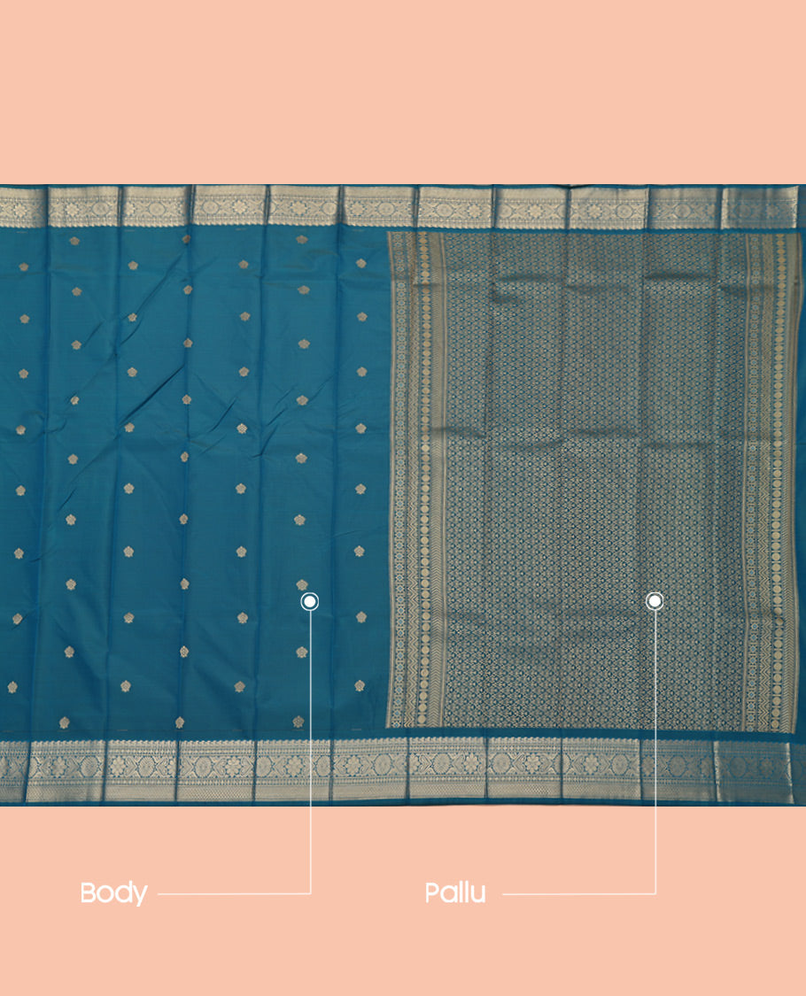 Blue Budget Silk Saree, Adorned with Zari Buttas, Highlighted by a Traditional Zari Border, Intricate Pallu, and Matching Blouse
