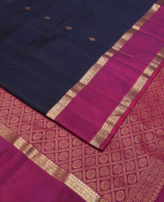 Blue kolam buttas vasundhara silk mix saree, contrast butta enclosed jaal pallu & rettai pettu border of manga, muthu, kathir & kodi visiry