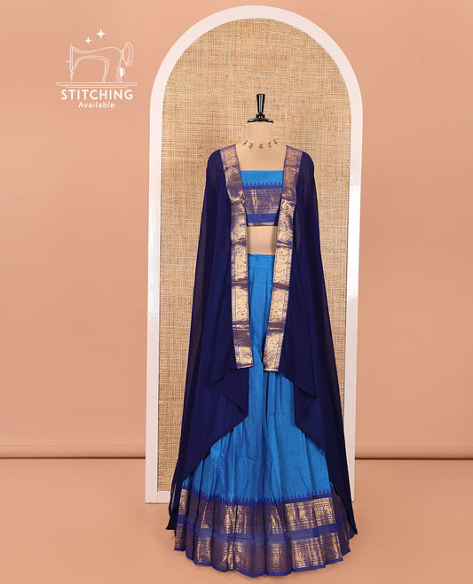 Blue and Dark Blue Chettinad Cotton Half-Saree Featuring Plain Skirt, Complemented by Contrast Rettai Pettu Traditional Border of Peacock and Elephant Designs, Paired with a Matching Blouse, and a Satin Georgette Zari Bordered Dhavani