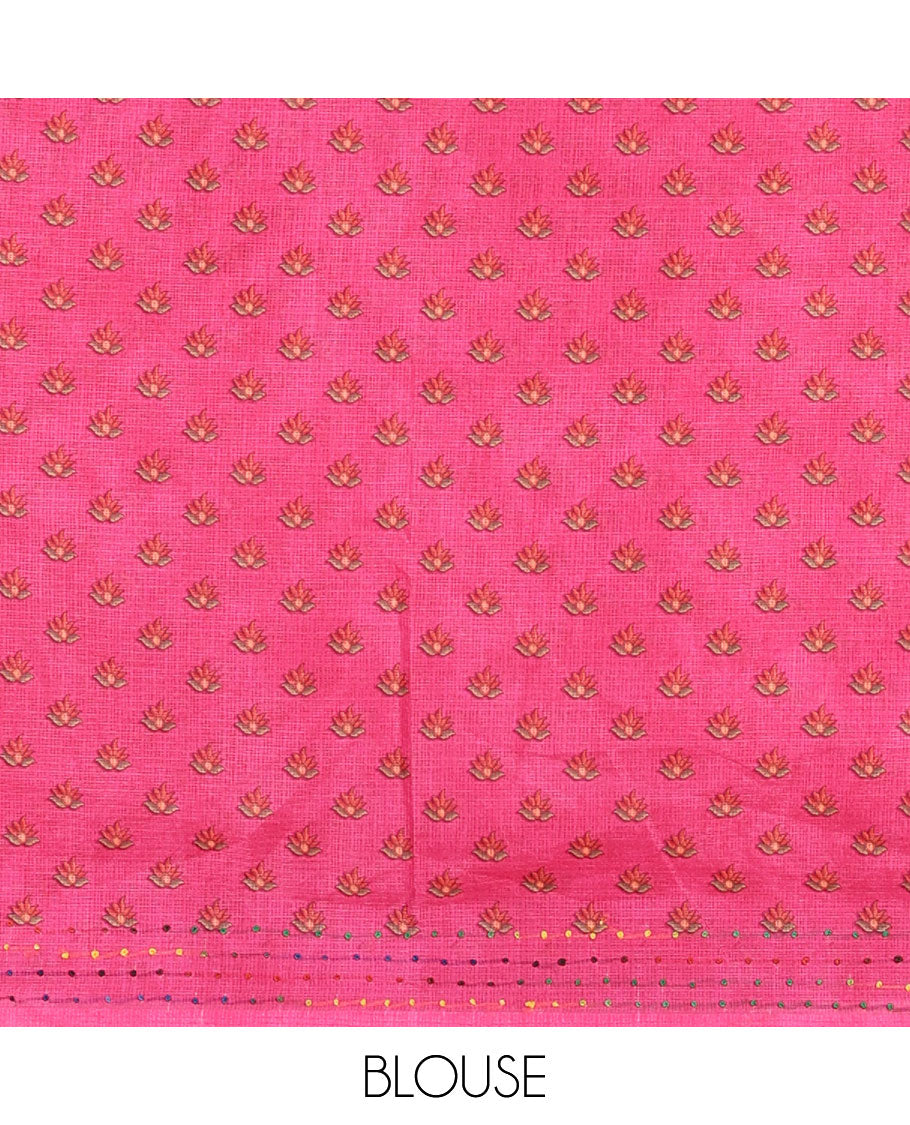 Borderless pink kalamkari floral vine printed with French knot and kanta embroidered kotta silk saree, printed and French knot embroidered matching blouse