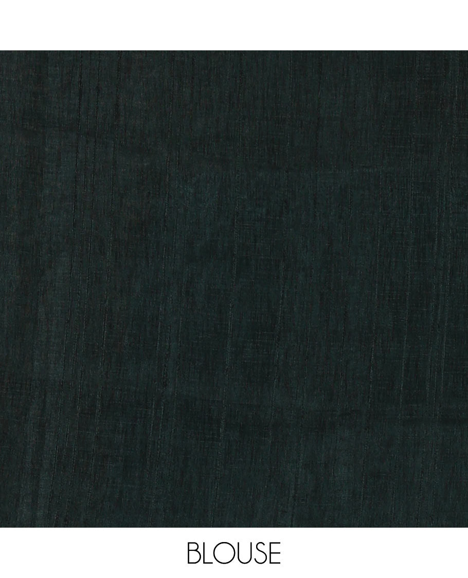 Rama green shibori printed jute cotton saree, contrast plain border, plain pallu with tussels, and contrast plain blouse