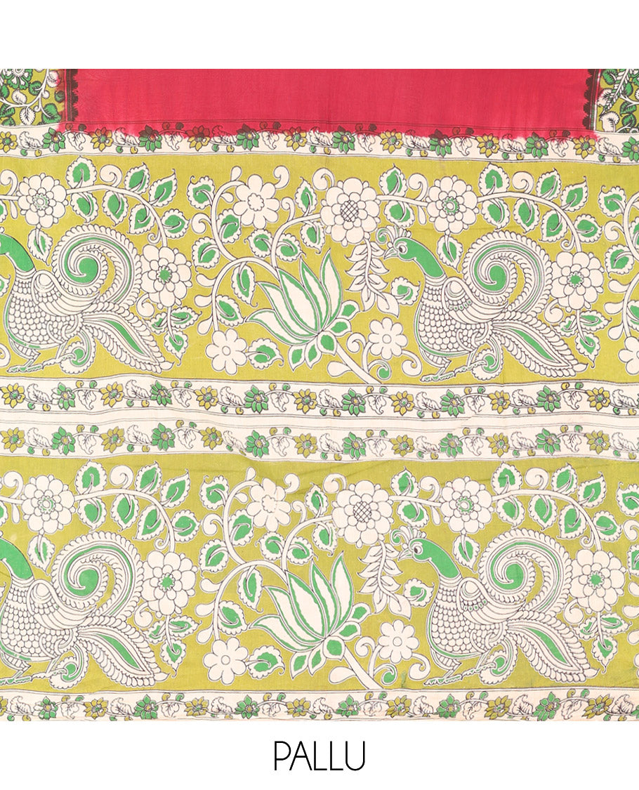 Red Plain Kalamkari Cotton Saree, Contrast Kalamkari Floral-Peacock Printed Border, Peacock-Floral Pallu, and a Contrast Blouse