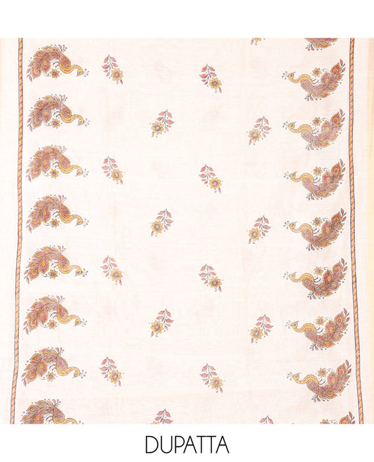 Orange Material Chudidhar Set, Adorned with Ikkat Weave and Neck Peacock Patchwork Handloom Cotton Top, Cotton Plain Bottom, and Contrast Chanderi Silk Peacock Printed Dupatta