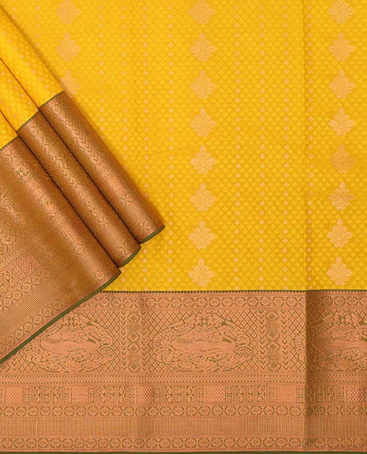 Yellow  leaf design art silk pavadai material with contrast traditional zari design border & floral zari design blouse