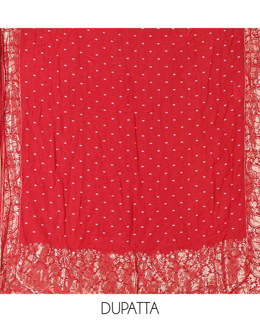 Red Mul Chanderi Material Chudidar Set, Subtly Printed with Bandhani-Style Printed Top, a Plain Santoon Bottom, and Paired with a Matching Mul Chanderi Bandhani-Dotted and Zari-Woven Dupatta