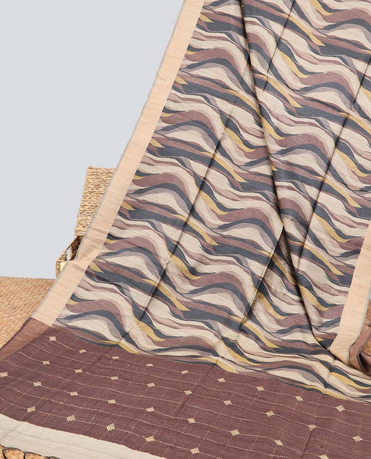 Brown wave design tussar silk saree with self-border & striped pallu