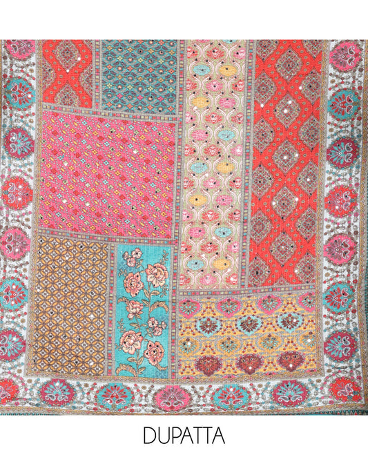 Rama Green Material Chudidar Set Adorned with Schiffli Embroidery Georgette Top, Subtly Made Plain American Crepe Bottom, and Chinon Dupatta Featuring Kaleidoscopic-Colored Floral, Geometric, and Mughal Motifs Print and Mirror Work