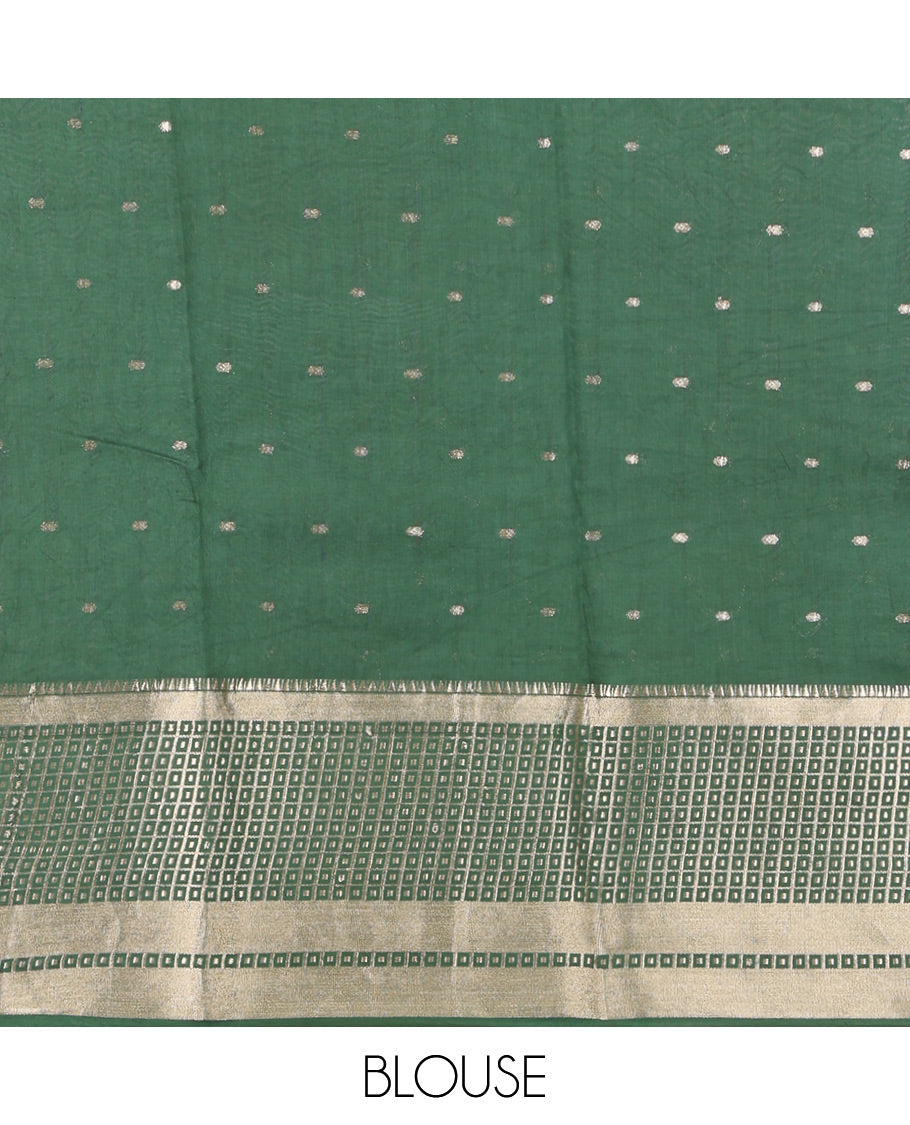 Green Assam Silk Saree, Graced with Zari Buttas, Complemented by Contrast Traditional Zari Border,  Zari Woven Pallu, and Contrast Blouse