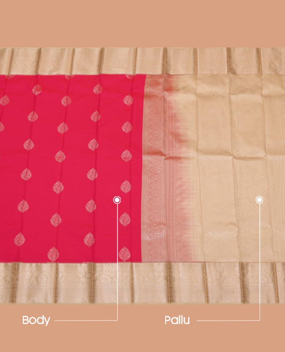 Red Budget Silk Saree, Graced with Zari Buttas and Stripes, a Contrast Zari Border, Grand Pallu, and a Contrast Blouse