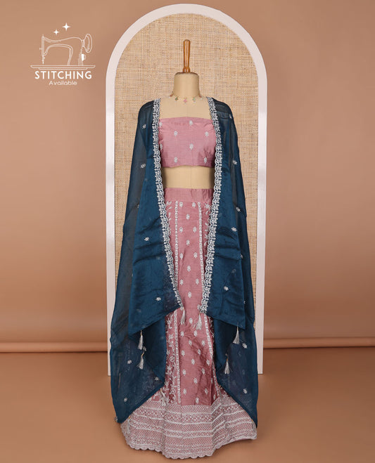 Mauve floral embroidery organza half saree with self intricate embroidery border, embroidered blouse & floral embroidery, scallop border dhavani