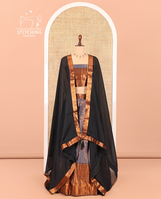 Grey-Black Semi-Banarasi Half-Saree Features Jacquard Skirt, Contrast Traditional Border, Matching Blouse, and Syska Georgette Dhavani