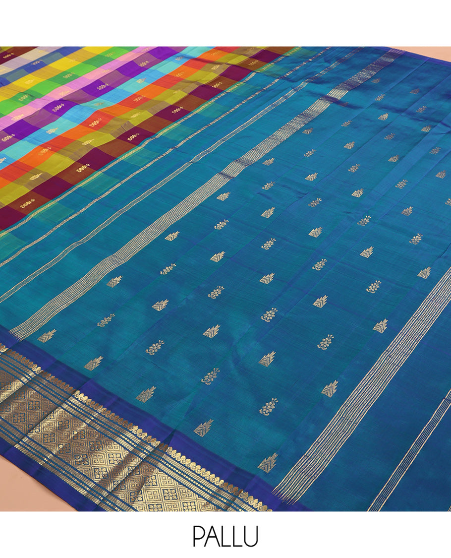 Multi-Color Palum Pazhamum Checked Kanchipuram Silk Saree, Woven with Zari Buttas, Zari One-sided Border of Thilakam Mokku, Banaras, Muthu, and Jaal Design, Zari Woven Pallu, and No Blouse