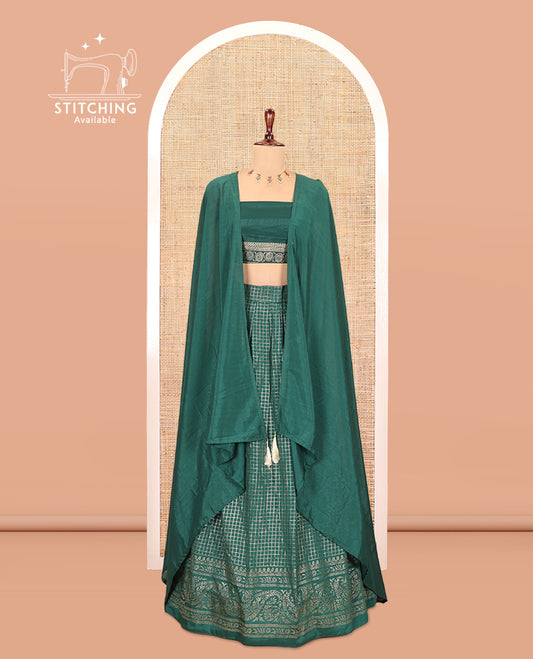 Green Vichitra Silk Half Saree with Zari Checks, a Traditional Zari Border, Matching Blouse and a Dhavani
