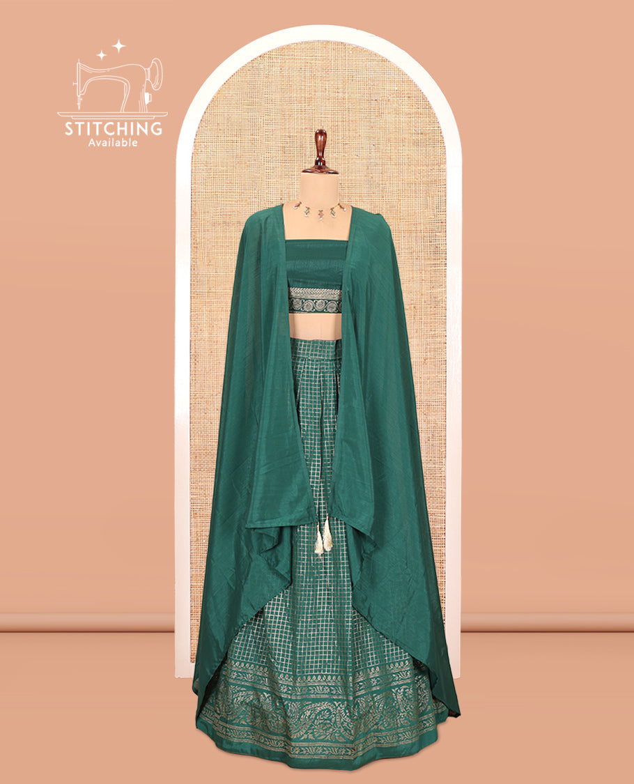 Green Vichitra Silk Half Saree with Zari Checks, a Traditional Zari Border, Matching Blouse and a Dhavani