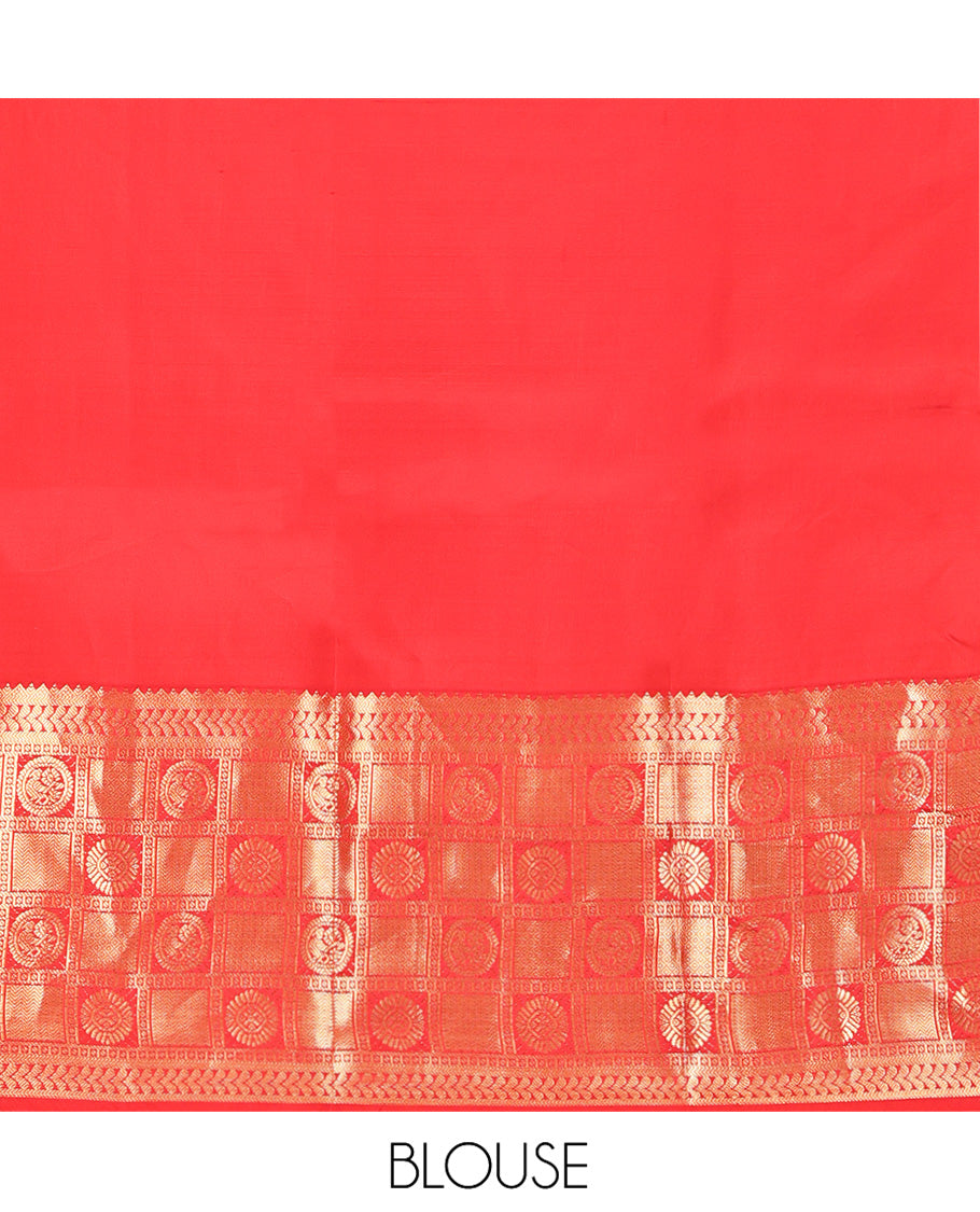 Violet Vasundhara Silk Saree, Prettified with Zari Buttas All Over Its Body, Complemented by a Contrast Border of Rekku, Banaras, Kathir, Chakram, Round Mayil, and Mayil Kann Designs, Grand Ogee-Patterned Pallu, and Paired with a Contrast Blouse
