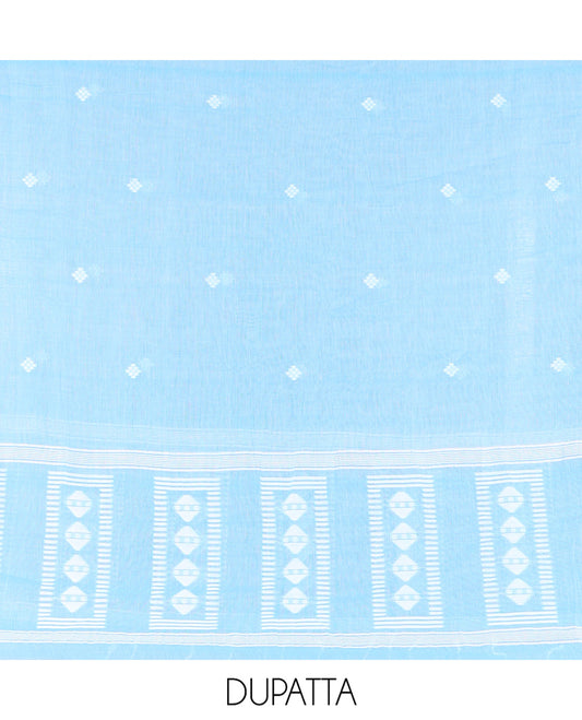 Blue Mul Cotton Material Chudidar Features Jamdani-Style Top, Striped Bottom, a Jamdani Dupatta
