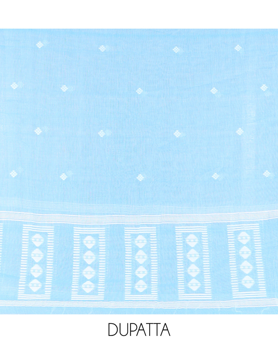 Blue Mul Cotton Material Chudidar Features Jamdani-Style Top, Striped Bottom, a Jamdani Dupatta
