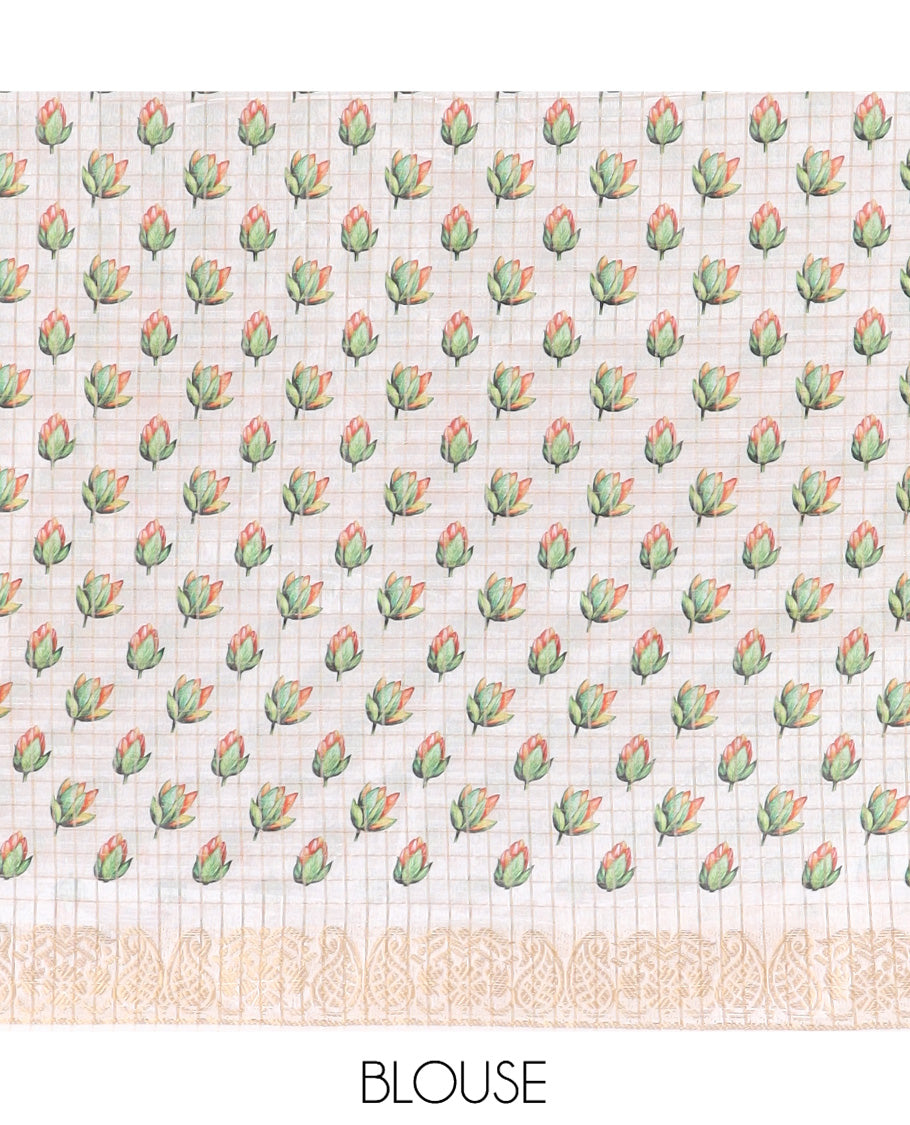 Cream Semi-Tussar Saree Features Checks and Pichwai Lotus Print, a Zari Border, and a Matching Blouse