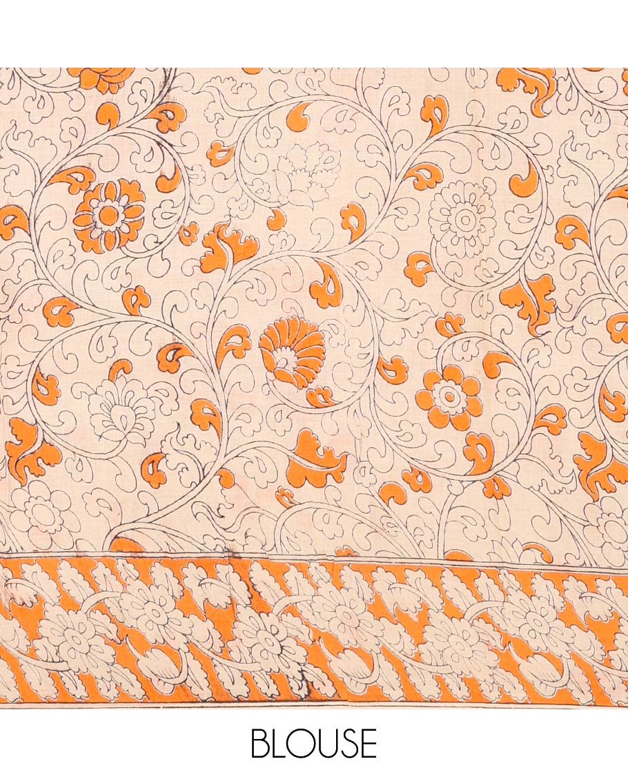 Green Machine-Printed Kalamkari Cotton Saree Features Floral Vine Design, a Floral Printed Border, Pallu of Fauna Motifs, and a Contrast Blouse