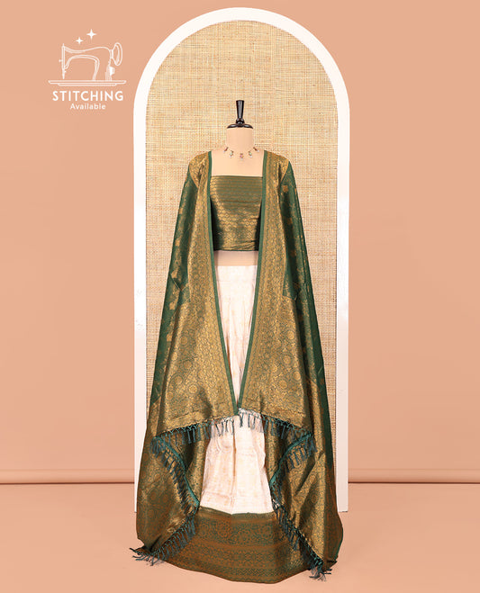 Cream-Leaf Green Banarasi Softy Half-Saree, Adorned with Jacquard, Contrast Traditional Border, Jacquard Blouse, Intricate Dhavani