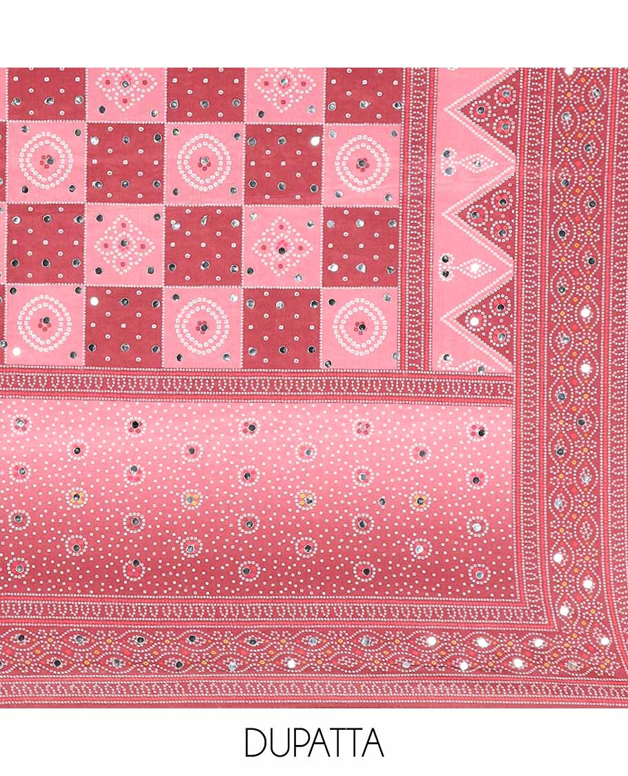 Dark pink bhandani print, stone,mirror work crepe chudidhar  material top with american crepe pant & chinnon material bhandani print, mirror work dupatta