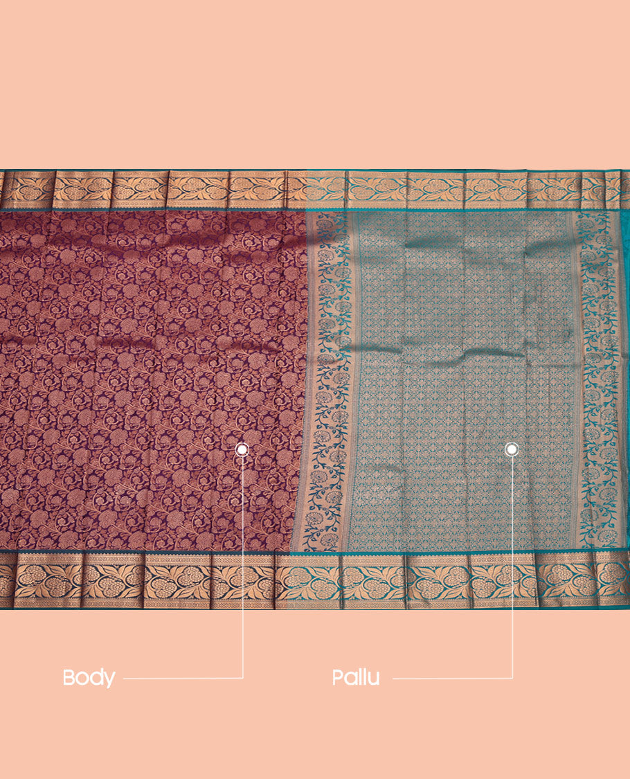 Wine Budget Silk Saree, Decked Up with Jacquard, Complemented by Contrast Floral Creeper Zari Border, Intricate Pallu, and a Contrast Blouse