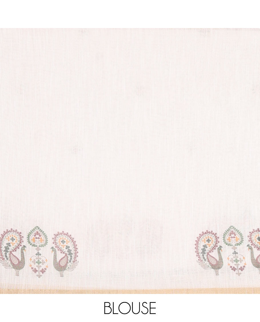Half-white buttas with mirror work linen saree,  zari border with peacock motifs print, printed mirror work pallu, and matching blouse