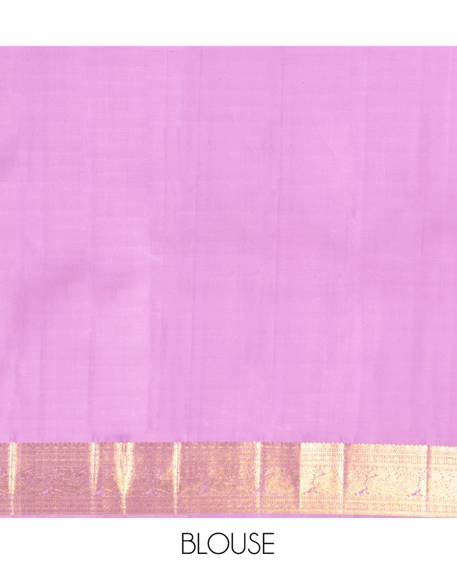 Light Purple Parampara Silk Saree, Embellished with Embossed and Zari Buttas, a Zari Border of Thilakam, Muthu, Banaras, Poun, and Mayil Designs, Mayil Kann Pallu, and a Matching Blouse