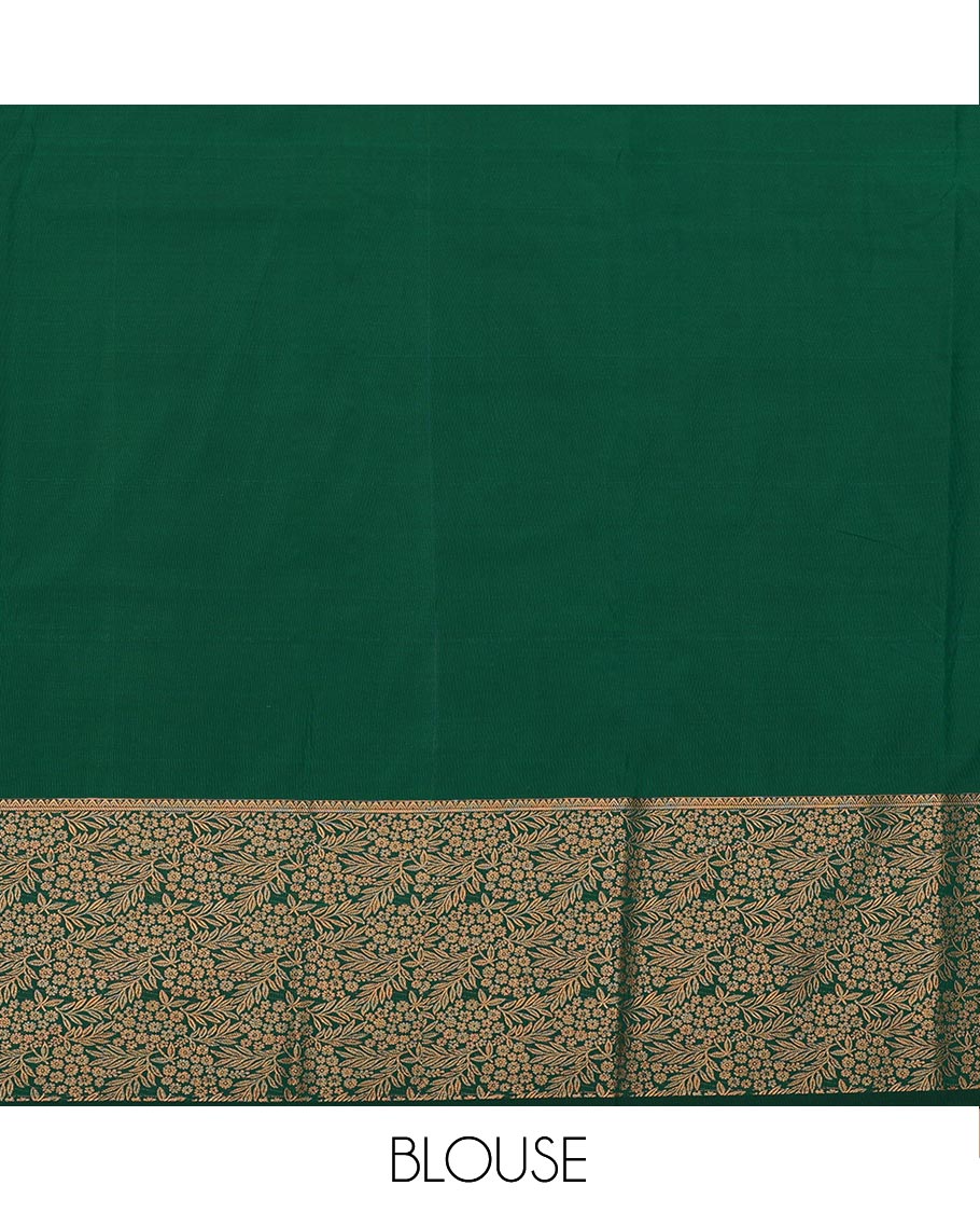 Green Art Silk Pavadai Material Set Mesmerized with Leaf Jacquard Design on Its Skirt, Complemented by a Contrast Floral Zari Design Border, and Paired with a Contrast Blouse