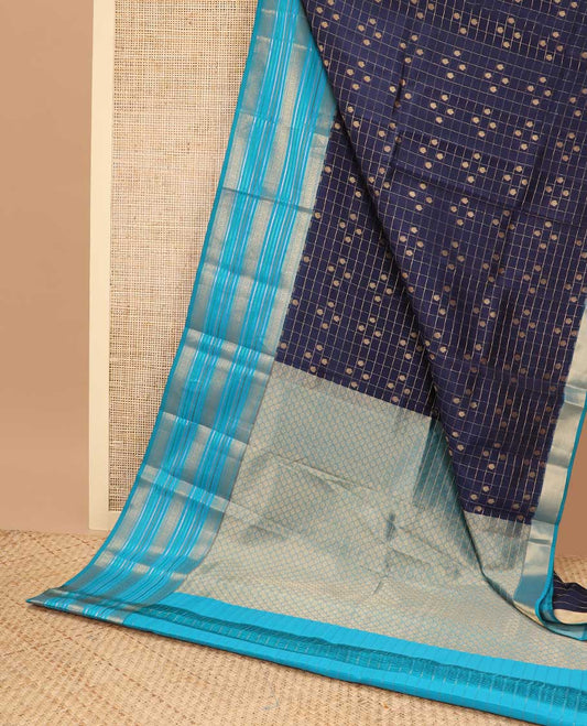 Violet checked, floral buttas vasundhara elite silk saree with contrast striped, floral zari design & argyle design pallu