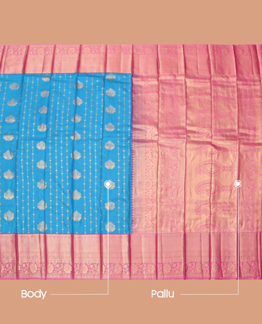 Blue Budget Silk Saree Features Zari Buttas and Stripes, Complemented by Contrast Traditional Zari Border, Grand Pallu and a Contrast Blouse