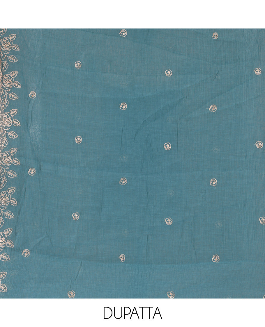 Sea Blue Mul Crush Chanderi Material Chudiddar, Floral Embroidered Top, Plain Bottom, Embroidered Dupatta