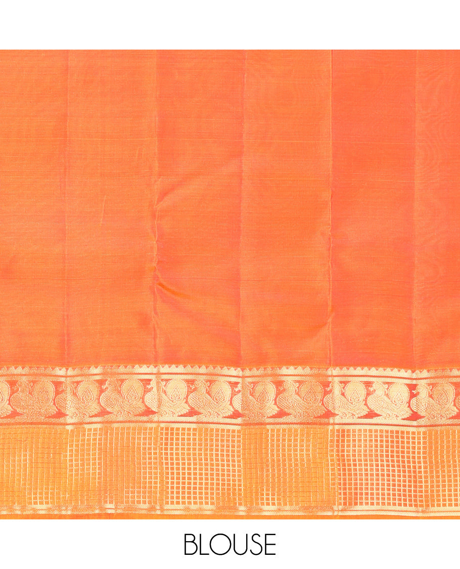 Pink Plain Vasundhara Lite Silk Mix Saree, a Contrast Zari Checked Border of Rekku, and Mayil Design, Grand Pallu, and a Contrast Blouse