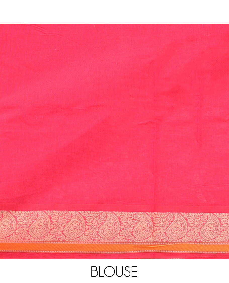 Pink Cotton Saree, Detailed with Buttas and Stripes, Highlighted by Paisley Border, Pallu Depicting Paisleys, and a Matching Blouse